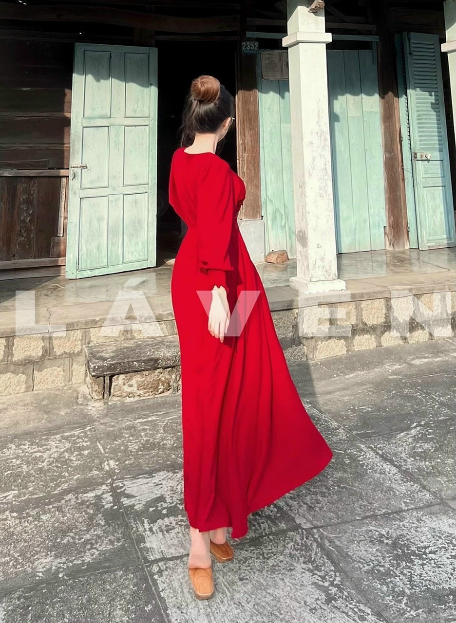 đầm maxi voan tay dài nút bọc có mút cao cấp