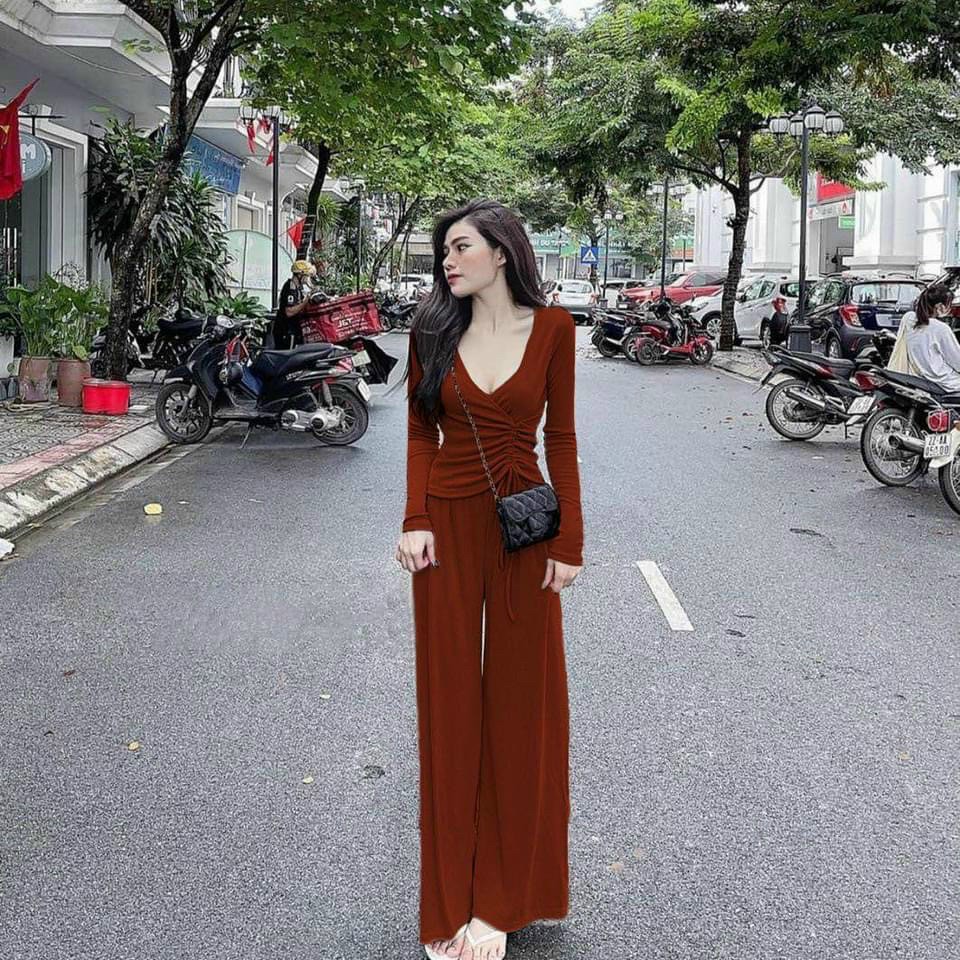Sét bộ cổ tim áo ôm tay dài dây rút eo