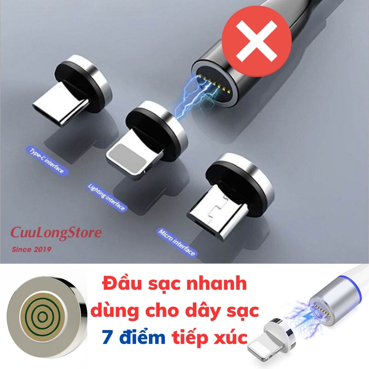 Đầu Sạc Nam Châm Từ Tính Lightning Type C Micro USB xoay 360 độ cho điện thoại Android iOS (chỉ có đầu sạc không có dây)