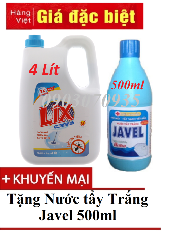 [CÓ QUÀ TẶNG] Nước lau sàn Lix 2x đậm đặc chai 4 lít đuổi côn trùng TẶNG Javel 500ml