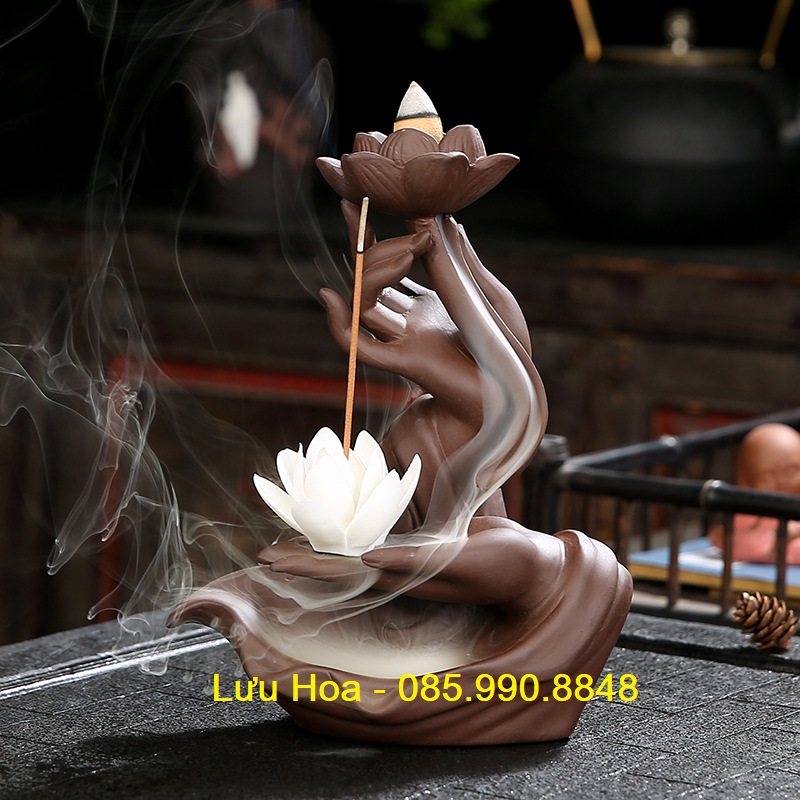 {TẶNG HOA SEN} - Thác Khói Trầm Hương Thác Trầm Khói Ngược Cao Cấp Hình Bàn Tay Phật Đà - Hút tài lộc, trà tà, thư giãn, thưởng trà, thiền định, mang lại may mắn, cầu bình an