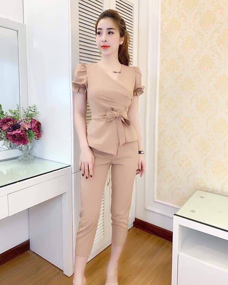 [HCM]Set bộ nữ quần dài +áo tay con cổ V eo cột nơ