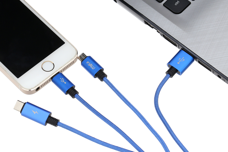 Cáp 3 đầu Lightning Type C Micro 1m eGHTsuSpa B Xanh