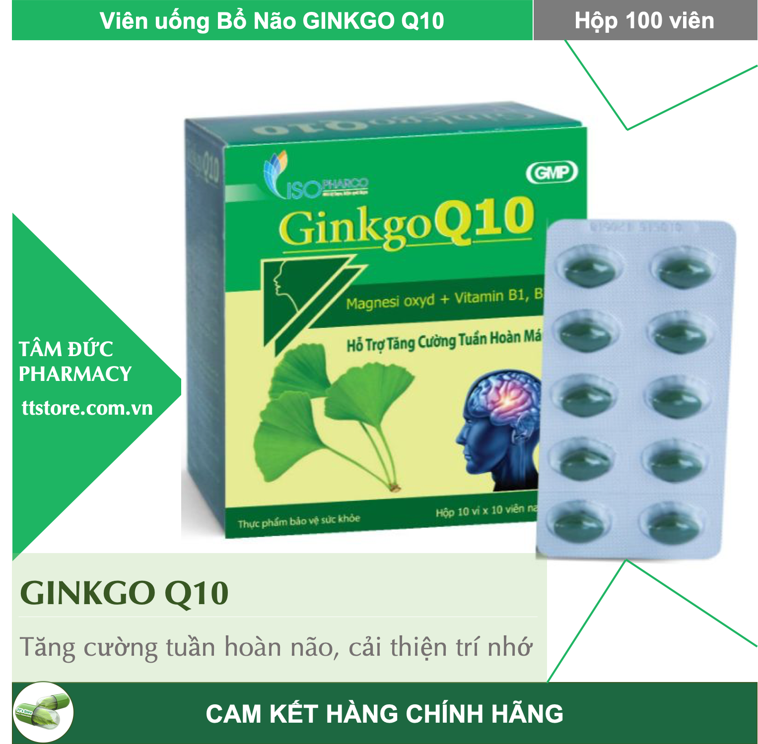 [HCM]GINKGO Q10 [Hộp 100 viên] - Viên uống tăng cường trí nhớ cải thiện mất ngủ [ginko q10 / ginkgo biloba]