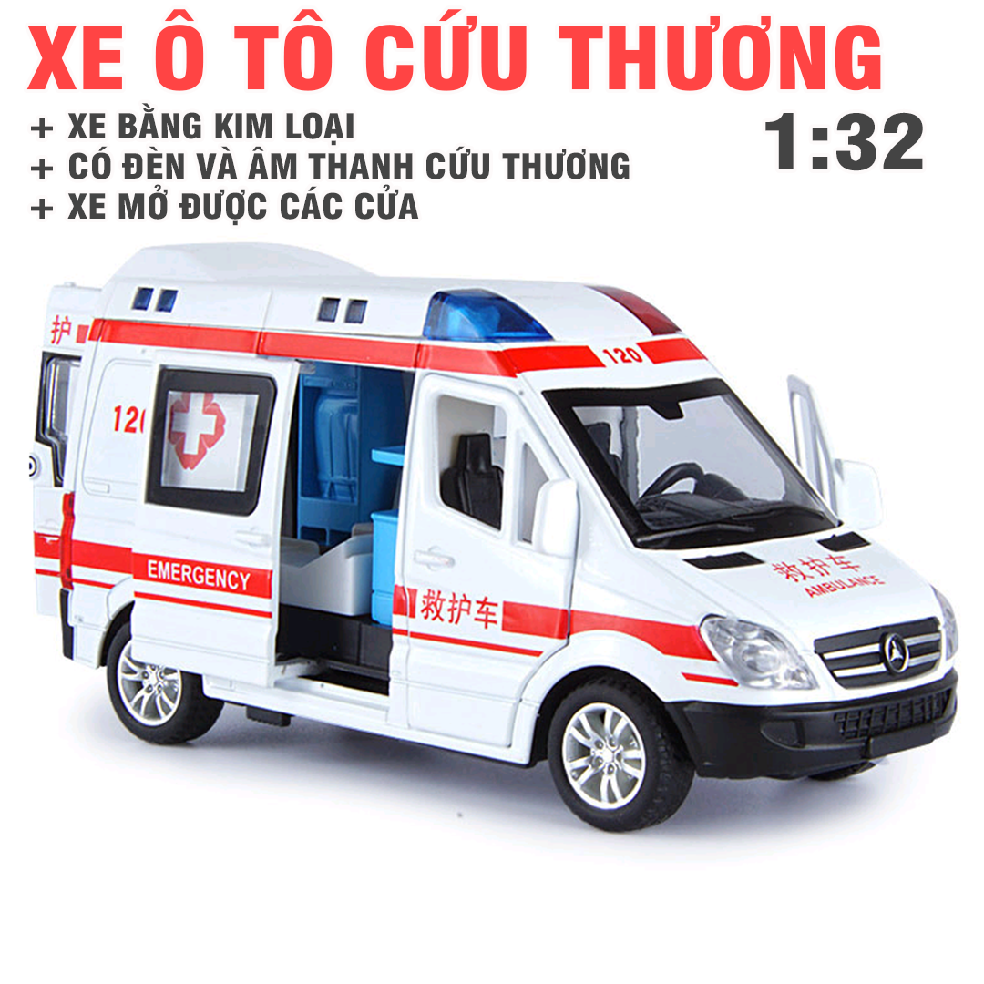 Mô hình xe ô tô cứu thương đồ chơi trẻ em có âm thanh và đèn tỉ lệ 1:32 xe bằng kim loại mở các cửa