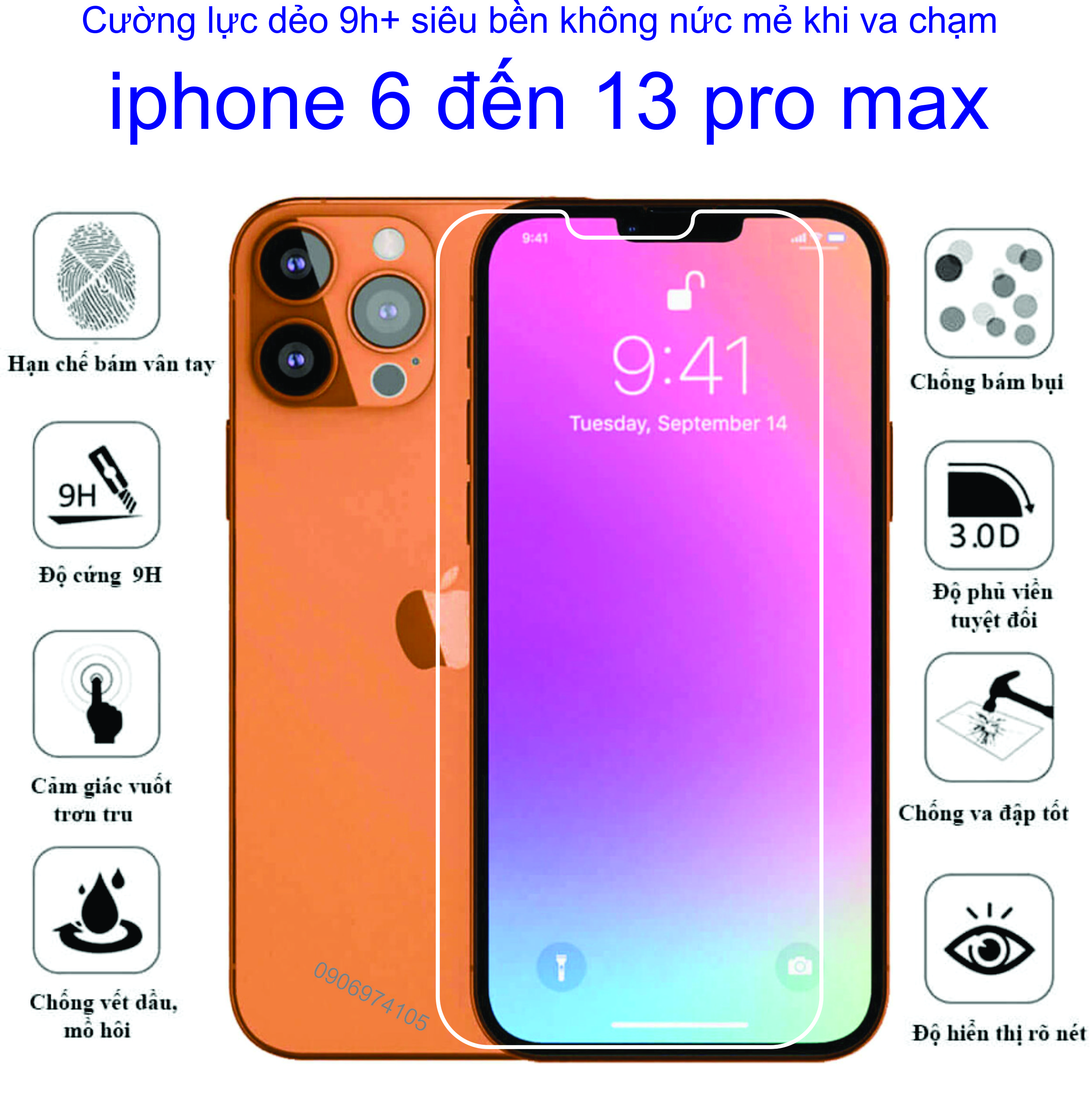 Cường lực dẻo 9h+ từ iphone 6 đến 13 pro max Bảo vệ màng hình tránh trầy xước, tránh va đập toàn diện