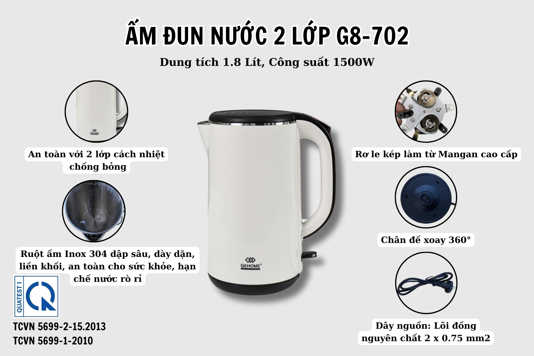 Ấm siêu tốc 2 lớp 1.8L 1500W G8 Home G8-702