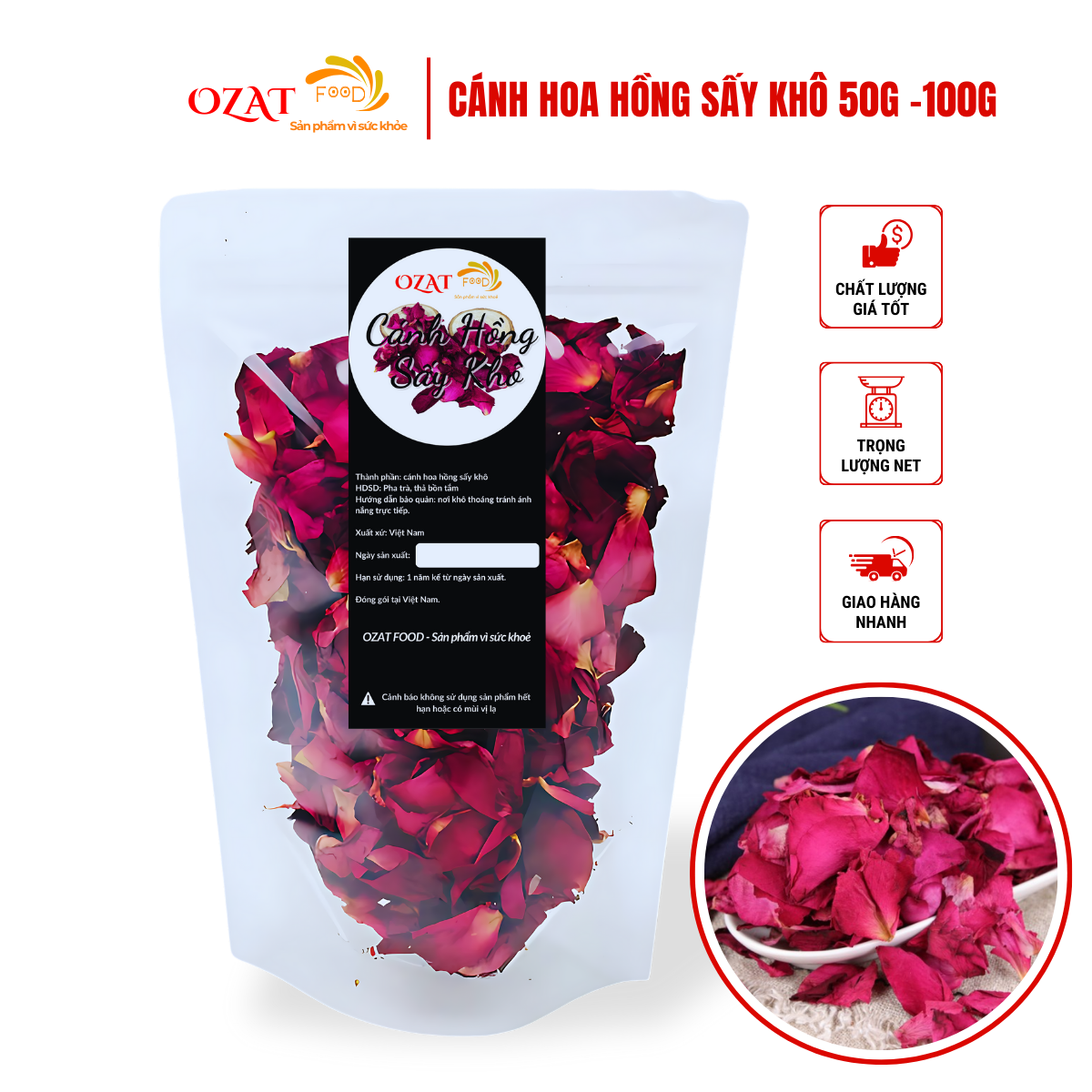 Cánh hoa hồng khô/ cánh hồng khô thả bồn tắm thư giãn đẹp da 50G - 100G | OZAT FOOD