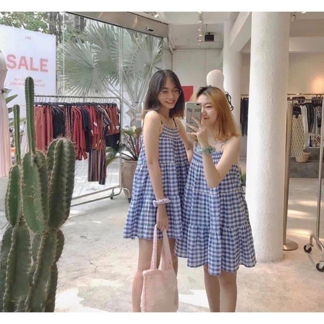 [HCM]Đầm babydoll hai dây kẻ xanh