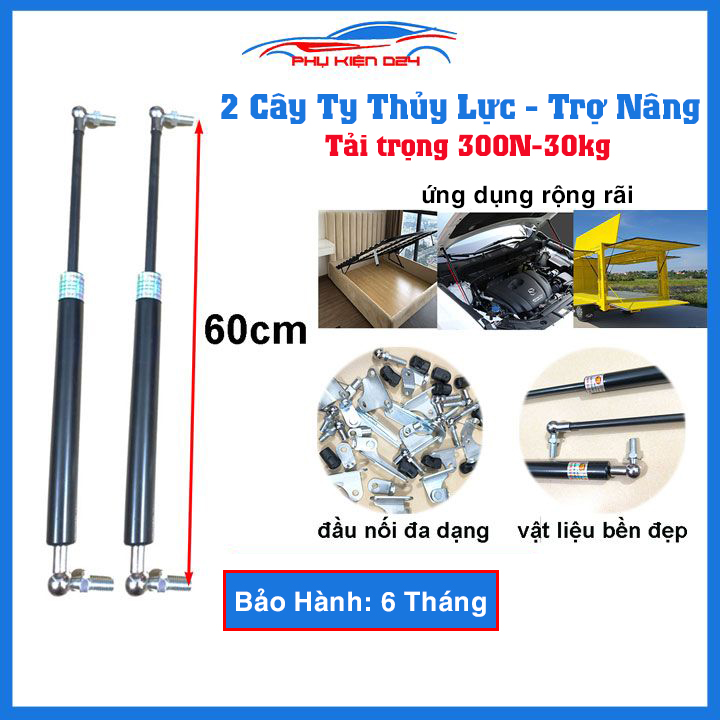 Bộ 2 ty thủy lực, ben hơi dài 60cm chịu lực 300N-30kg/1 cây chống nắp capo, cốp ô tô, cánh cửa công nghiệp trợ nâng, trợ lực tốt