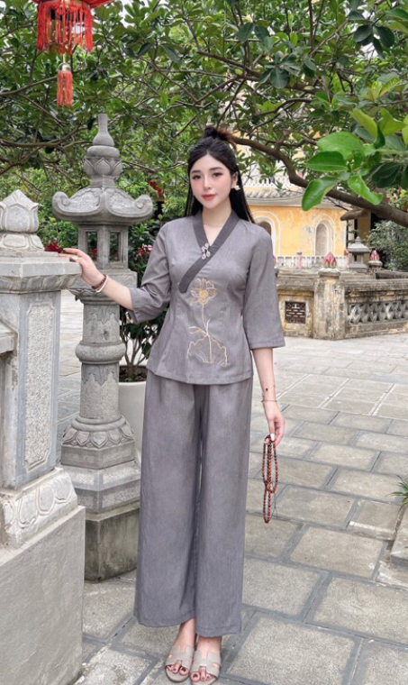 Pháp phục đi chùa đi lễ thêu sen cổ Y