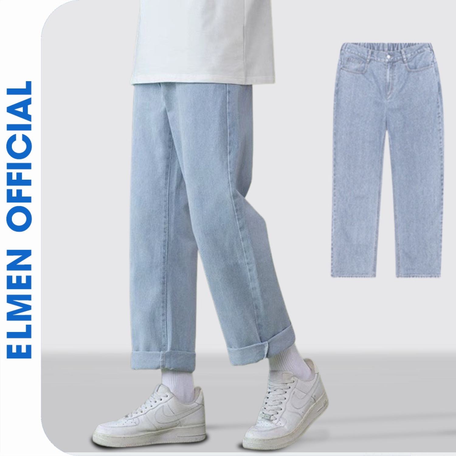 Quần Baggy jean Elmen nam ống suông rộng Cạp Chun, Quần baggy cạp chun điều chỉnh eo cao cấp