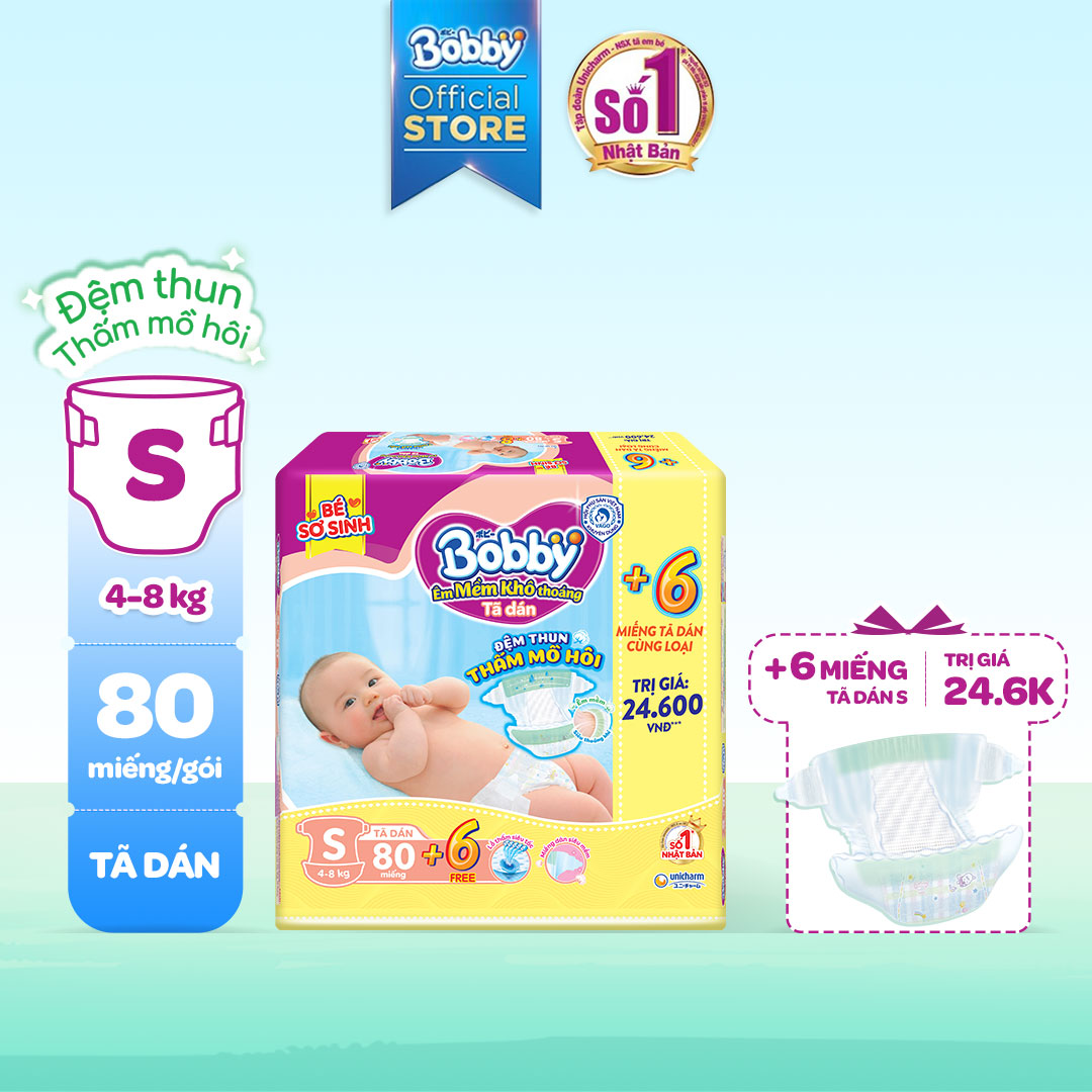 Tã/Bỉm dán Bobby đệm thun thấm mồ hôi Super Jumbo S80 (Tặng 6 miếng tã dán size S)