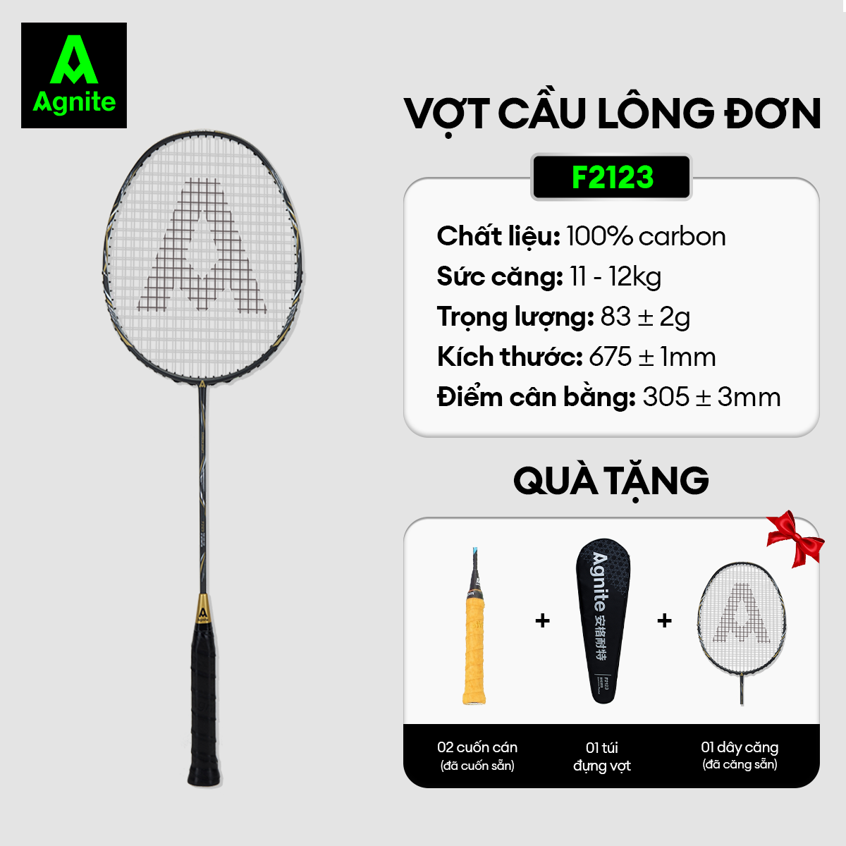 [TẶNG QUÀ] Vợt cầu lông đơn cao cấp chơi chuyên nghiệp Agnite, 100% CARBON, khớp nối liền siêu bền nhẹ tặng kèm phụ kiện - F2123