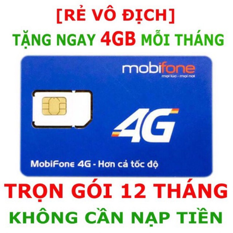 Sim 4G Mobifone Trọn Gói 1 Năm Không Nạp tiền MDT250A gói 4Gb/Tháng x 12 Tháng - Sim 4G Mobi
