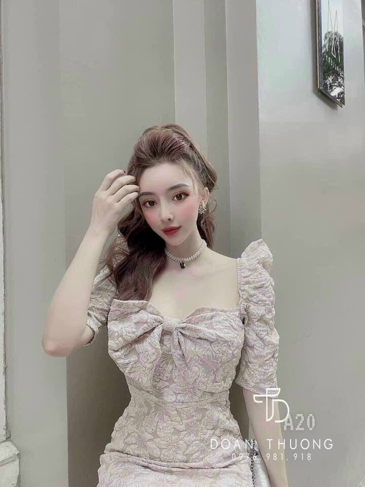 Đầm gấm nơ tay phồng-ZU#damnu