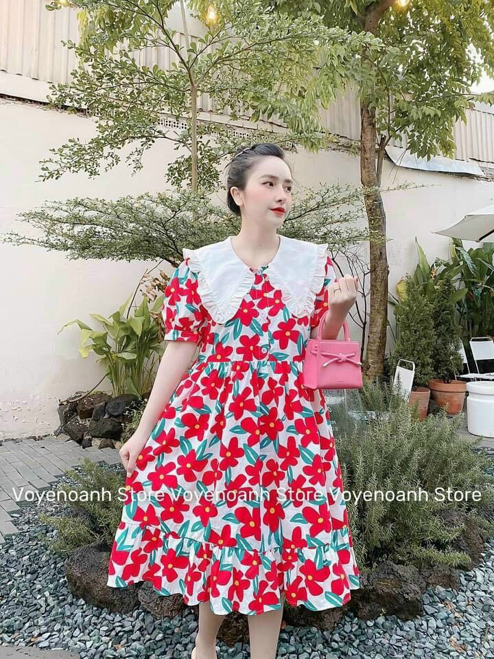 Đầm babydoll cổ bèo hoa nhí mùa xuân, đầm đi chơi tay phồng, đầm hoa nhí dễ thương xòe bồng, váy babydoll hoa mặc bầu