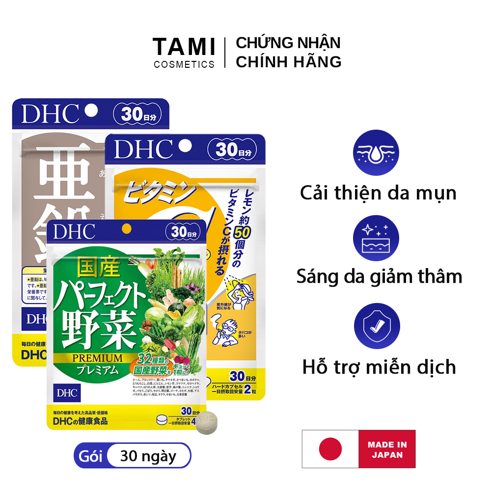 Bộ 3 Chăm sóc da mụn DHC Nhật Bản gồm Viên kẽm zinc + Viên vitamin C +