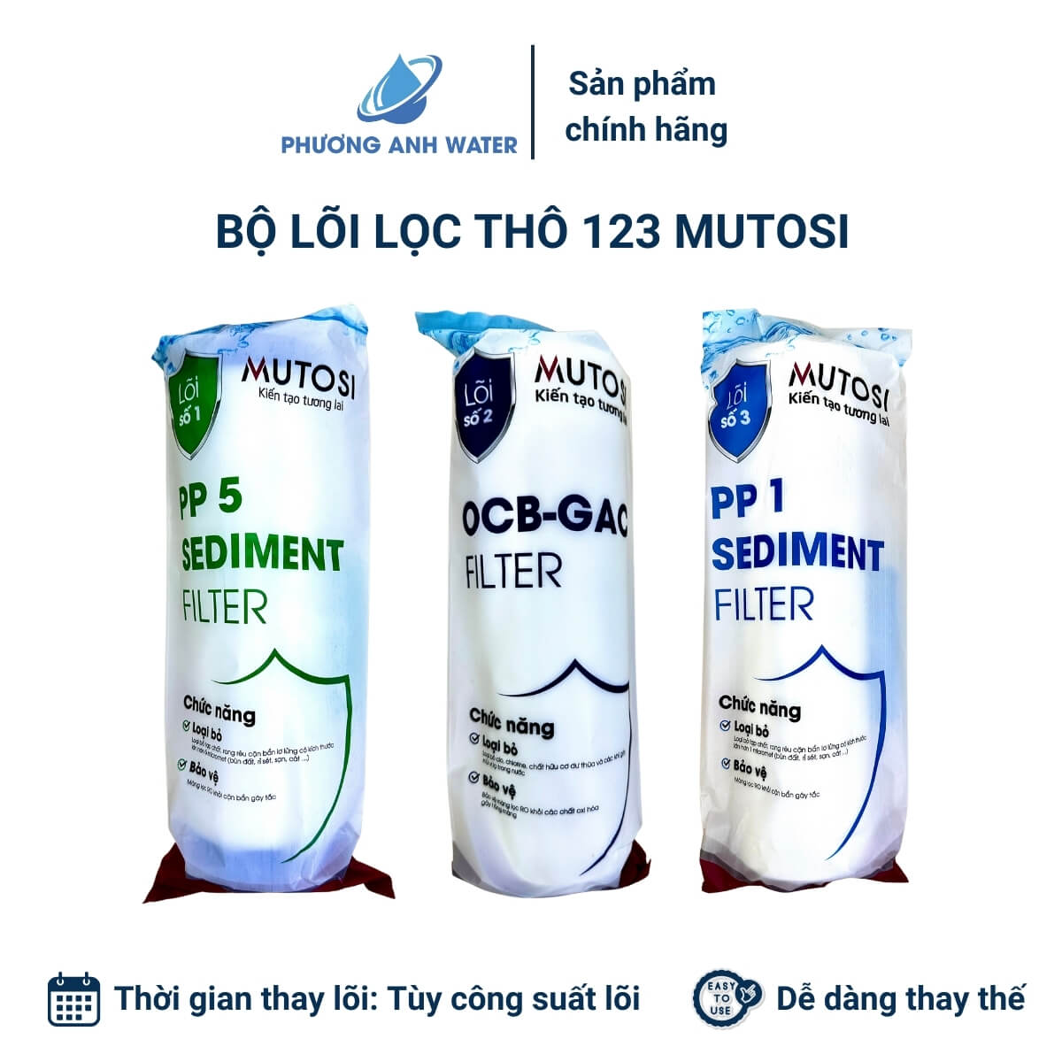 Bộ lõi lọc thô 123, lõi CTO, lõi Cation chính hãng Mutosi, lọc cặn, rỉ sét, xử lý nước cứng, bảo vệ màng RO