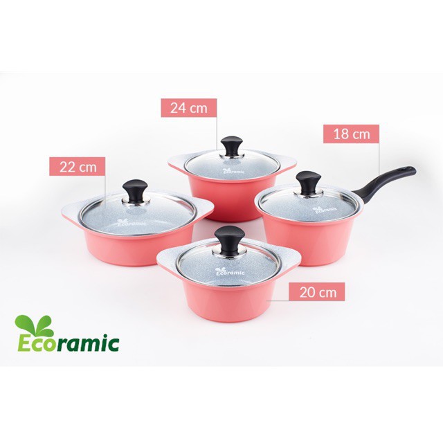 BỘ 4 NỒI ĐÁY TỪ ECORAMIC PLATINUM CAO CẤP (QUÁNH 16CM, NỒI 18CM.20CM.22CM) CHÍNH HÃNG