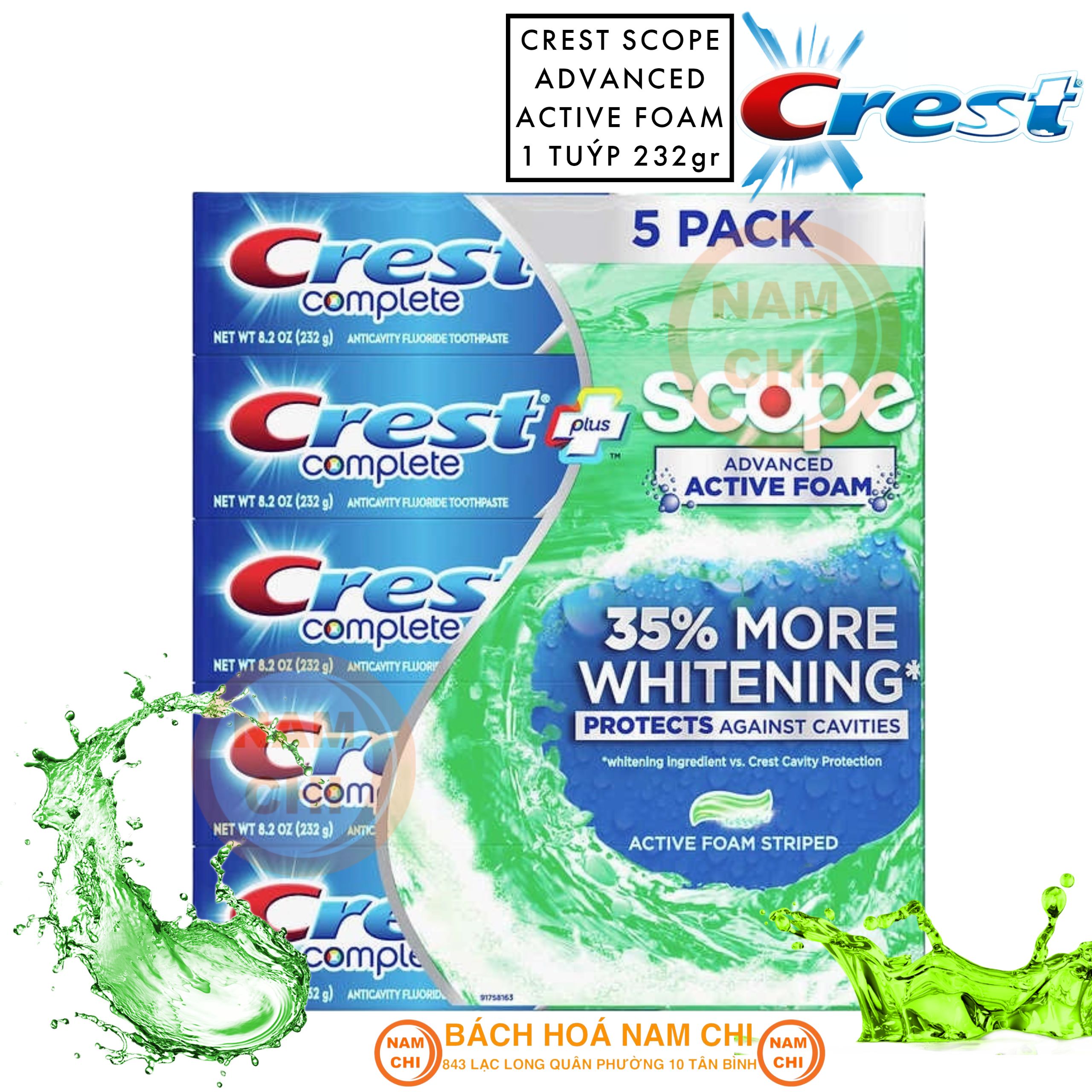 Kem đánh răng crest complete scope extra whitening+ advanced active foam 232g - hàng mỹ