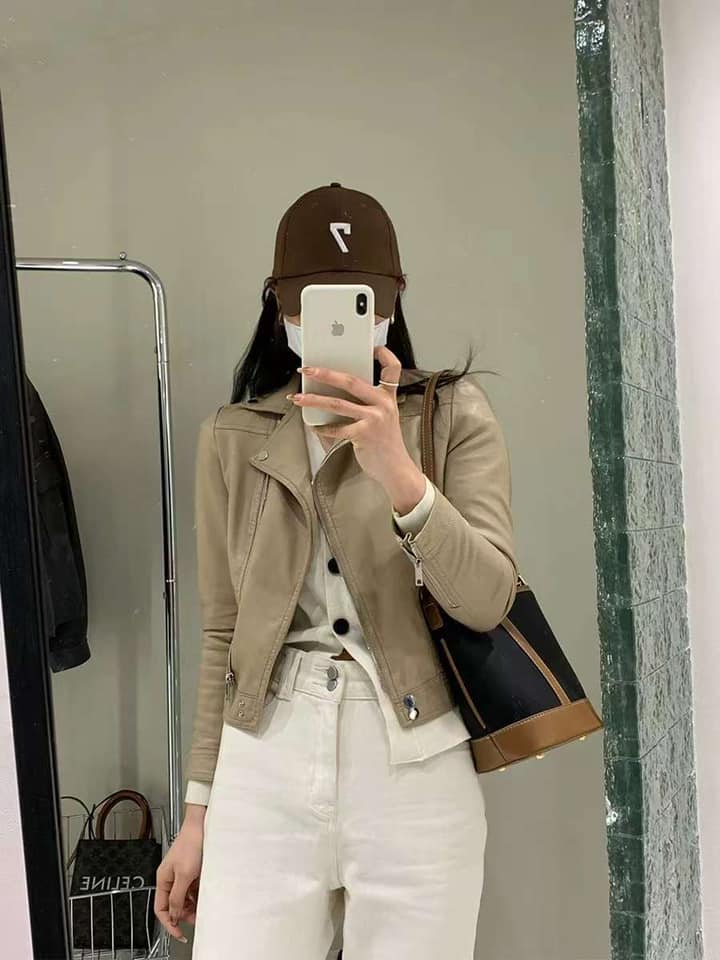 Áo khoác da nữ croptop myan biker jacket cổ bẻ khóa chéo 2 túi màu hông, kem, nâu, đen a112212
