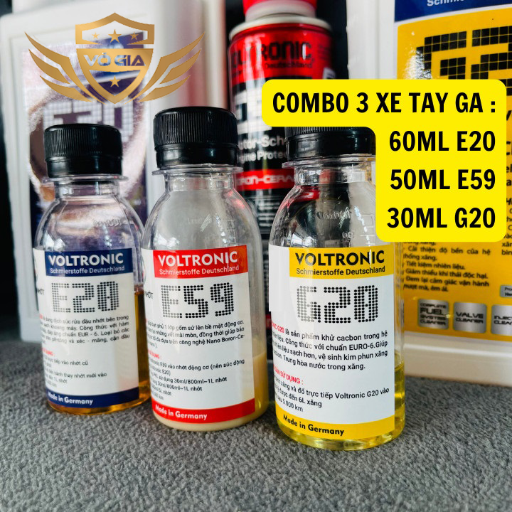 Combo phụ gia voltronic e20, e59, g20 súc rửa động cơ, phụ gia nhớt gốm sứ, vệ sinh kim phun xăng