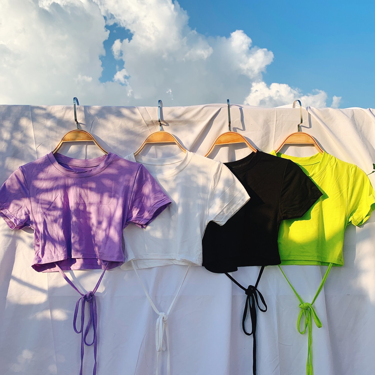 áo croptop cổ tròn trơn buộc dây eo xinh ảnh thật