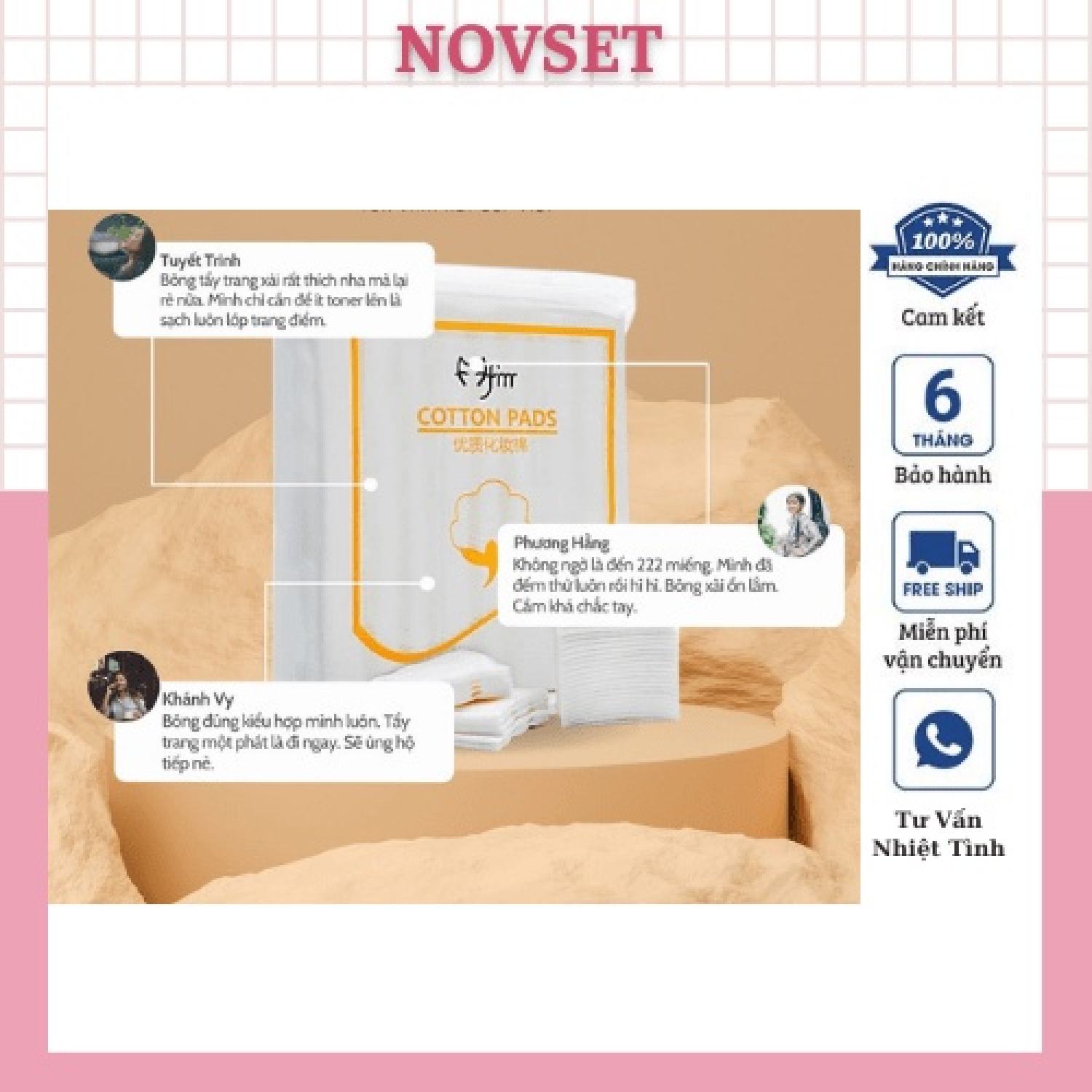 Bông Tẩy Trang Cotton Pads NOVSET Thiết Kế 3 Lớp Túi Gồm 222 Miếng Siêu Mềm Mịn