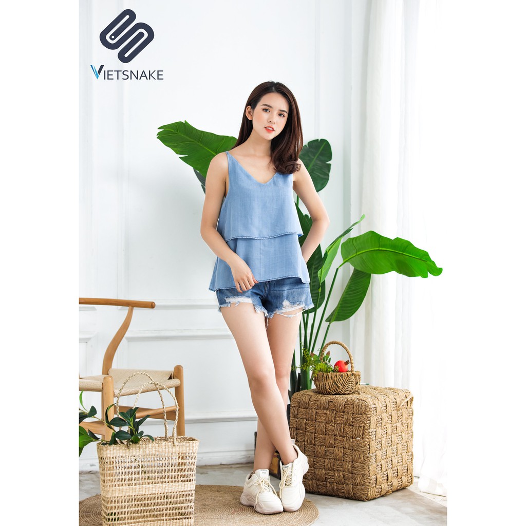 [KÈM ẢNH THẬT] Áo jeans lụa 2 dây bèo tầng