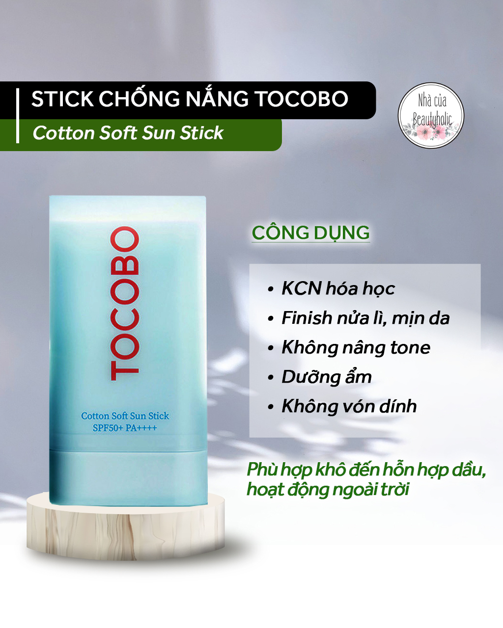 Sáp chống nắng hóa học thuần chay tocobo cotton soft sun stick spf50+ pa++++