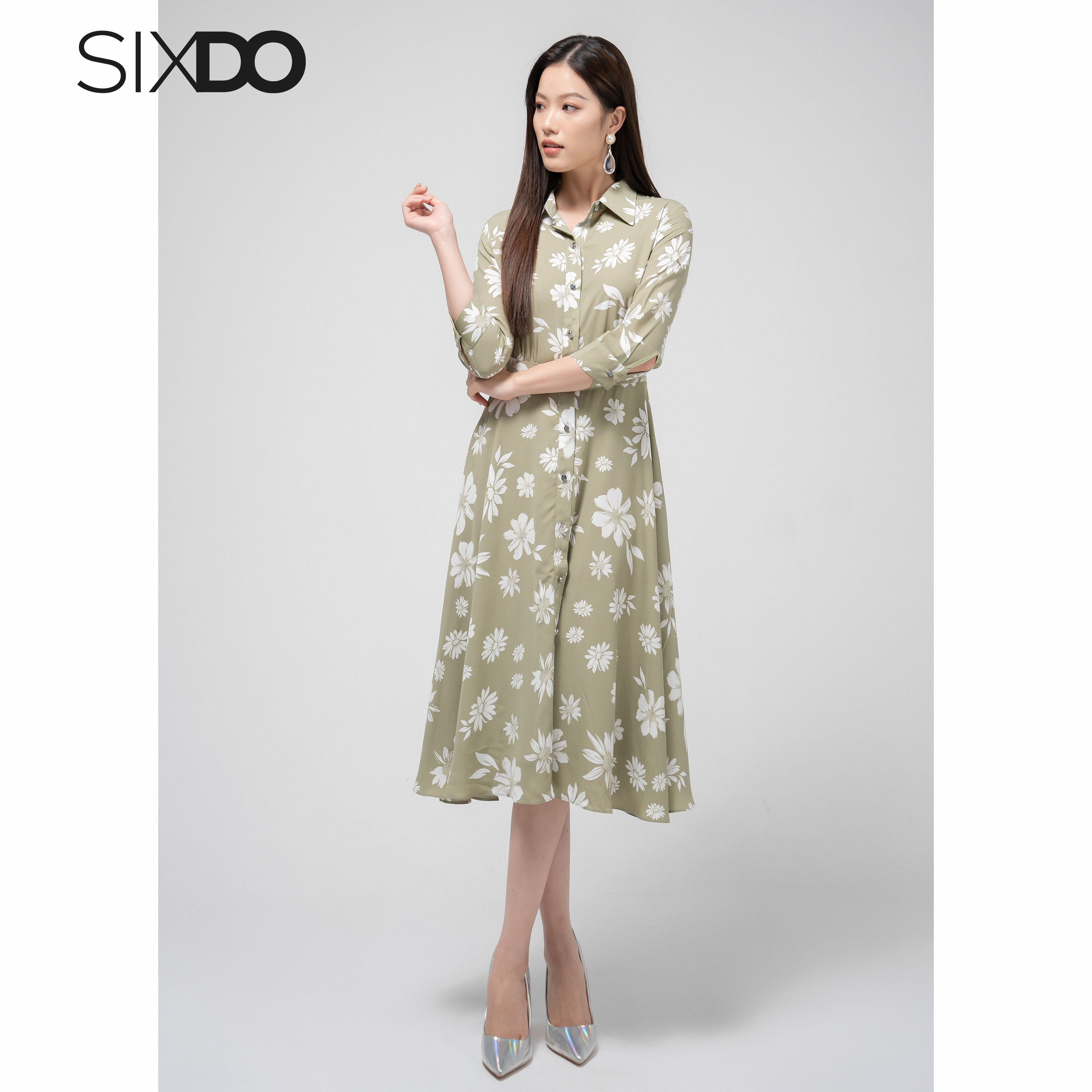 Đầm sơ mi lụa họa tiết hoa SIXDO (Olive Floral Midi Silk Dress)
