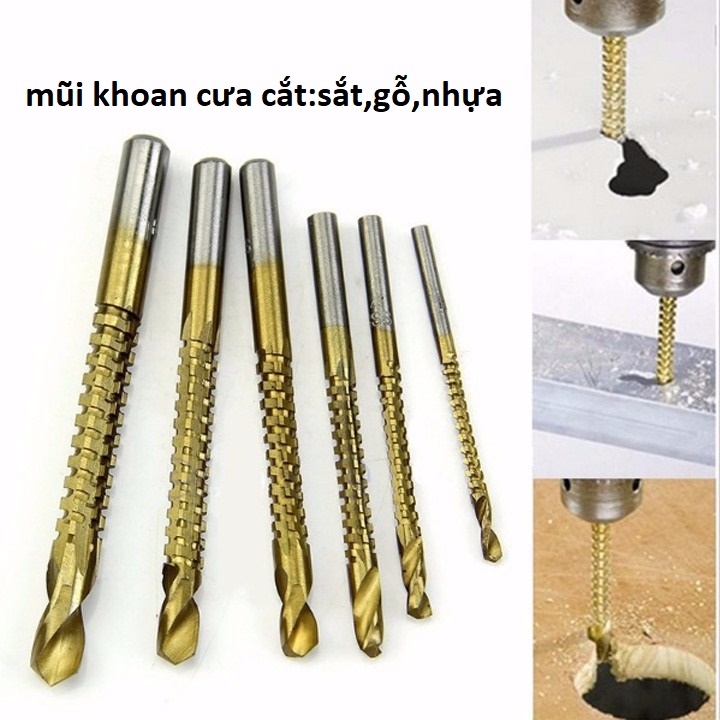 Bộ 6 Mũi Khoan,cắt Phủ Titanium Kích Thước 3-8mm hàng chất lượng