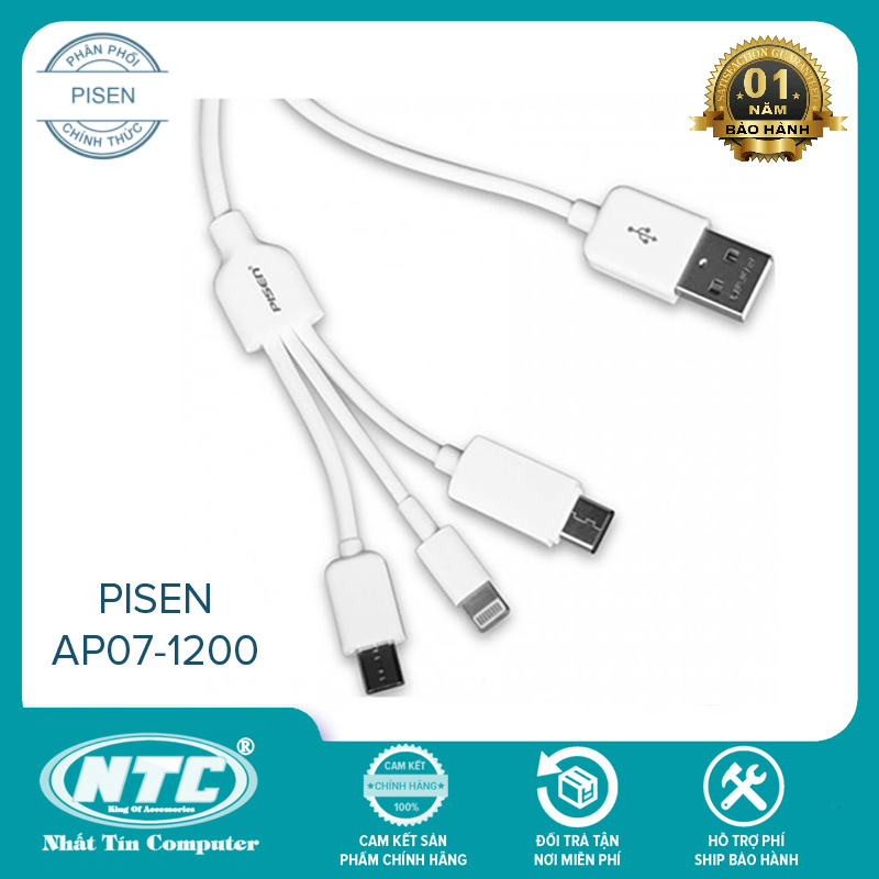 Cáp sạc 3 đầu Pisen AP07-1200 dài 1.2m cổng TypeC/ MicroUSB/ Lightning - hỗ trợ truyền dữ liệu lightning (trắng)