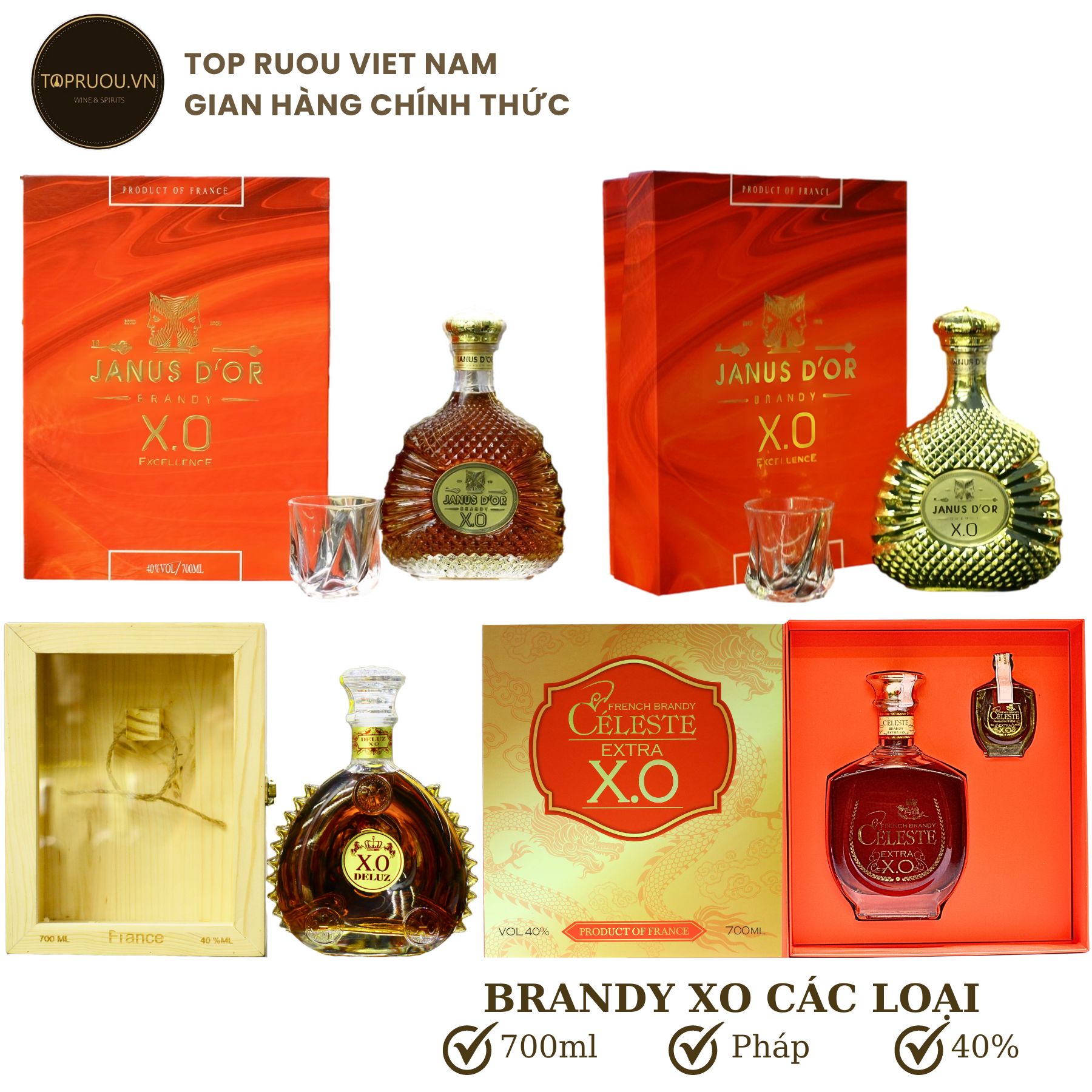[TopRuouVietNam] Rượu Brandy Xo Janus D'or Gold - Celeste - Deluz 700ml [Hàng Thật]