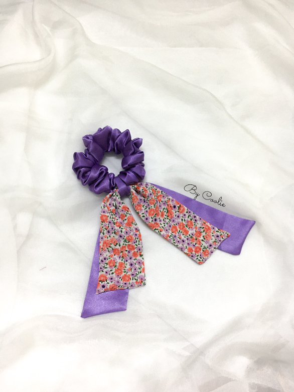 Dây cột tóc pelta scrunchies nơ dài tím mộng mơ