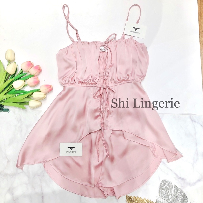 Bộ ngủ lụa cột dây vạt xéo [Shi.Lingerie]
