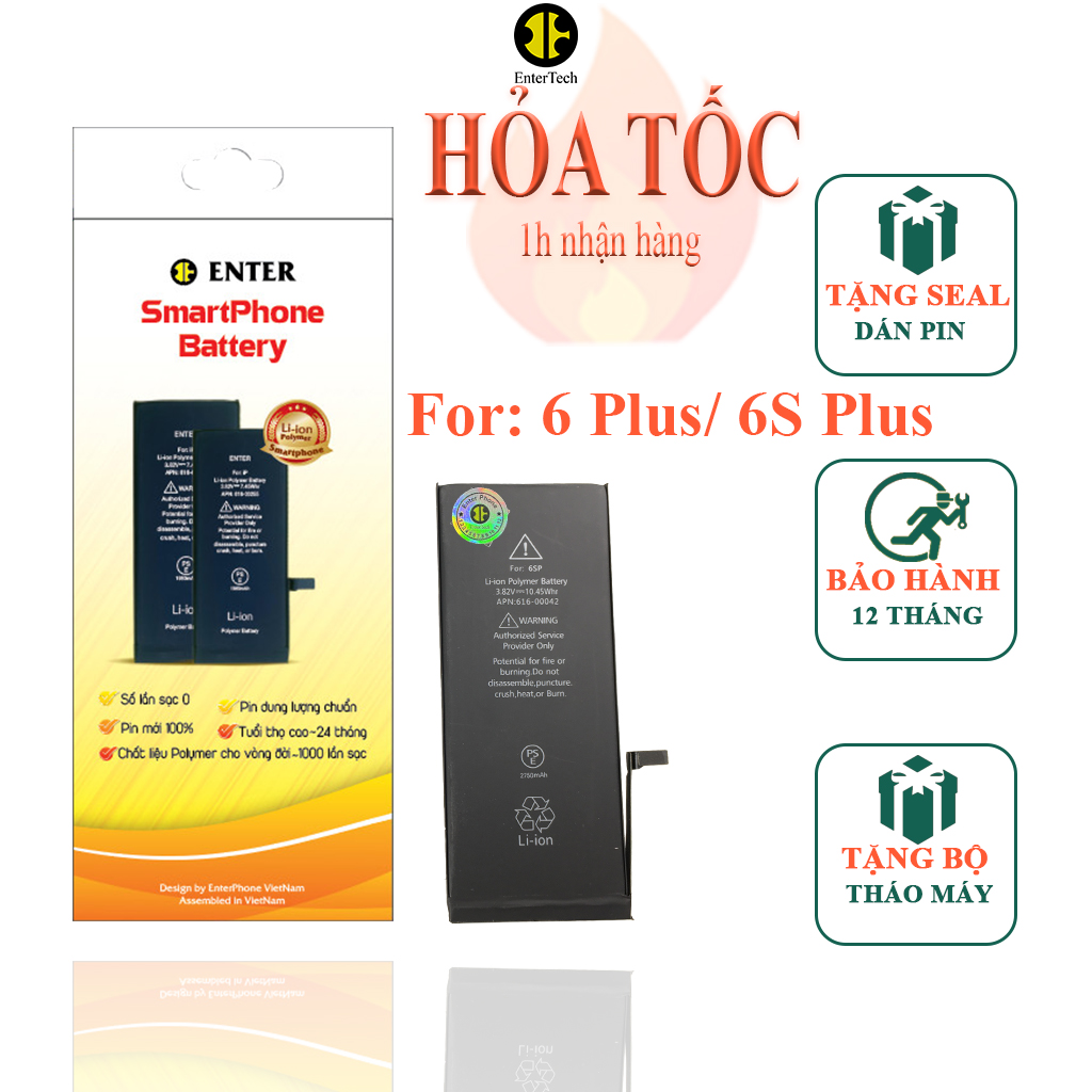 Pin dùng cho ĐT 6 Plus/ 6S Plus EnterTech dung lượng chuẩn bảo hành 12 tháng.