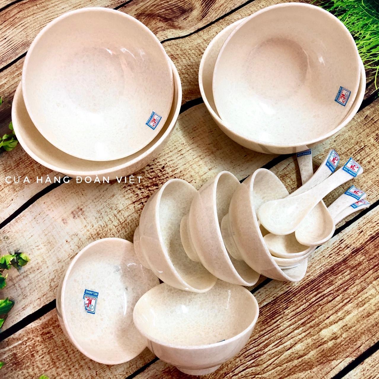 Tô, Chén Melamine - Combo Tô, Chén, Muỗng  Melamine Vân Đá Cao Cấp