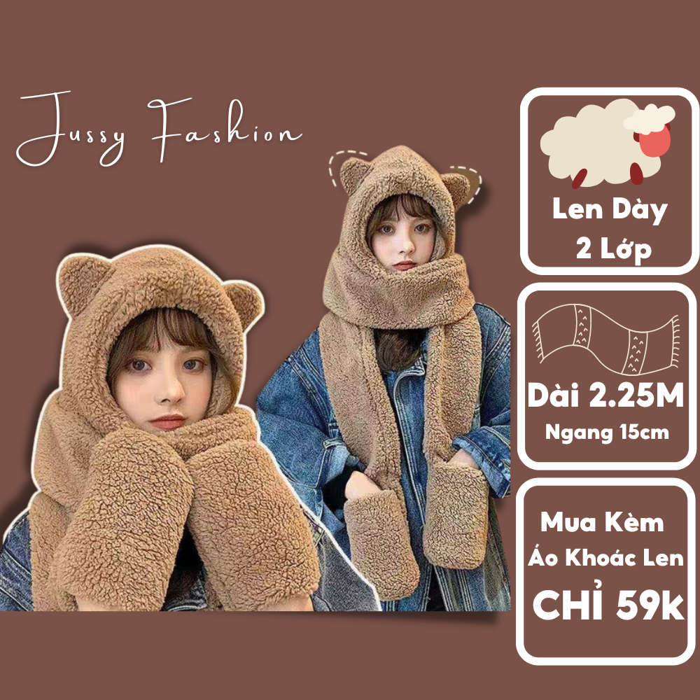  Mũ Len Trùm Đầu Kèm Khăn Và Bao Tai 3 Trong 1 Siêu Xinh Kiểu Dáng Mũ Lông Cừu Tai Gấu Hàn Quốc Dày Mịn Ấm Áp 