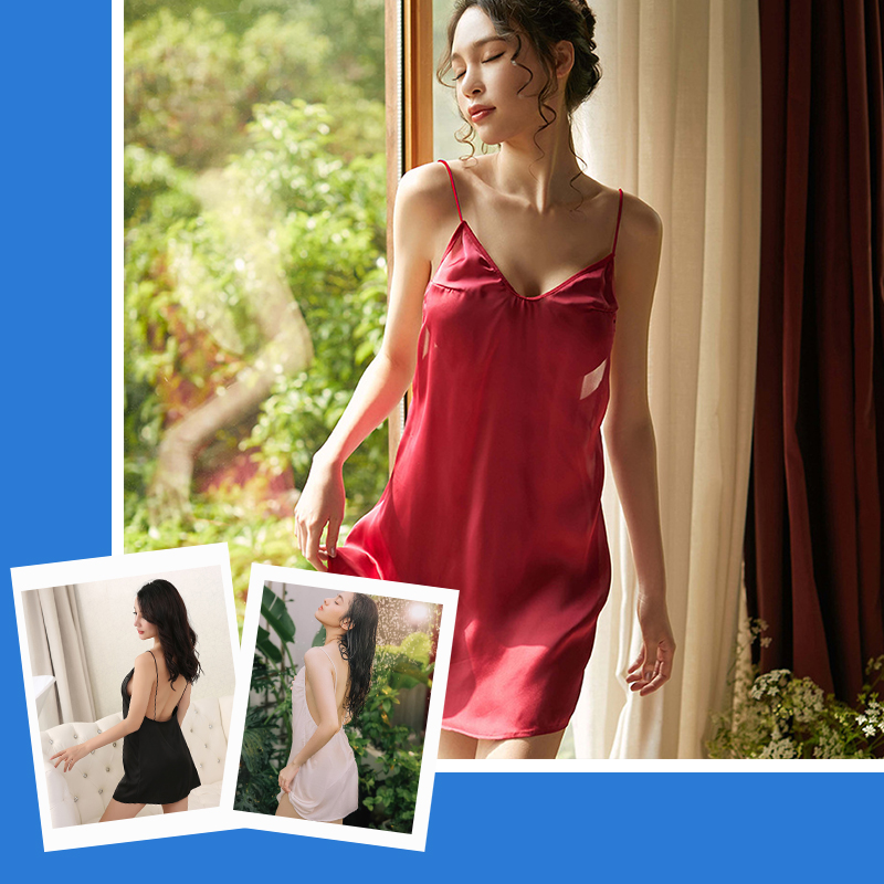Đầm ngủ phi lụa màu đỏ hai dây hở lưng gợi cảm