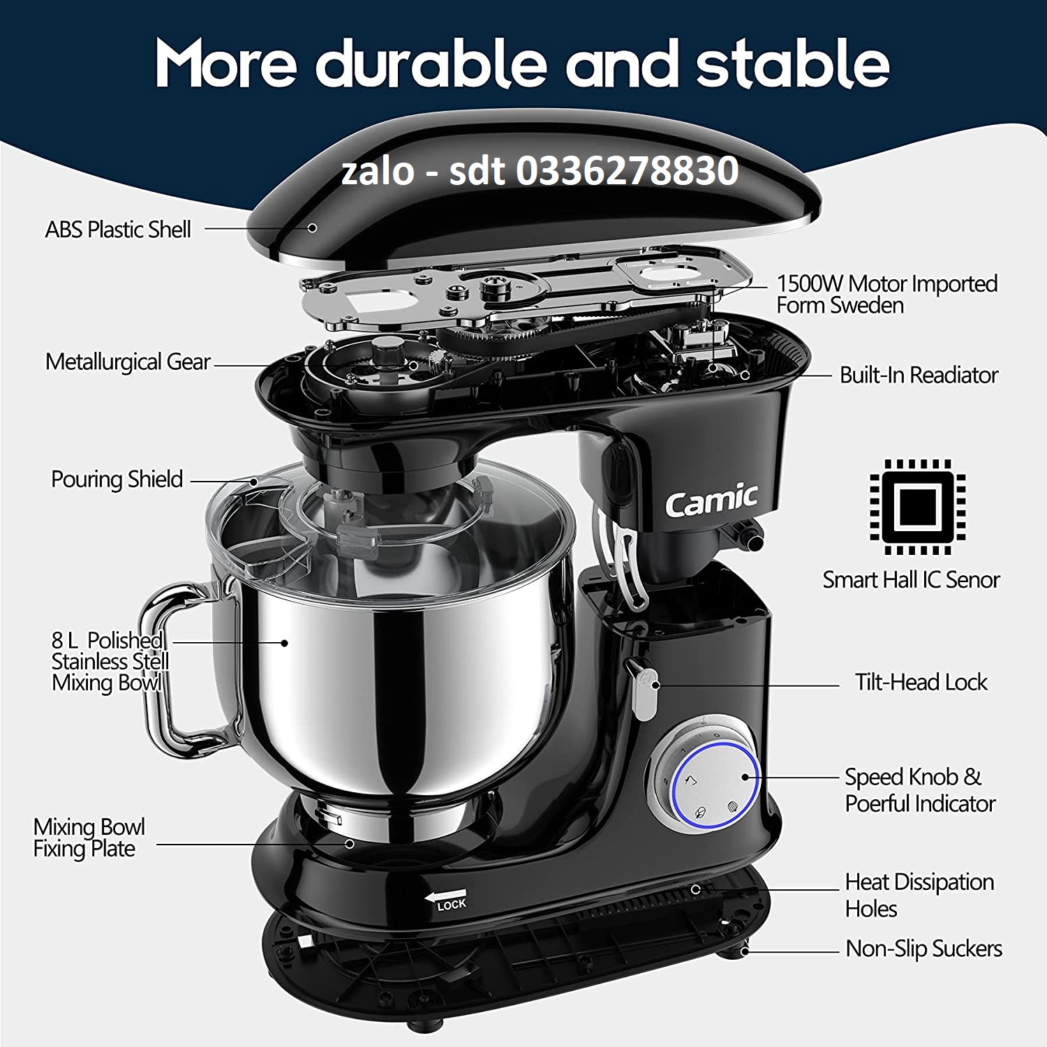 1500W Food Processor Kneading Machine Camic 8L Food Processor Mixer Multifunctional Mixer Low Noise Powerful and Professional 6 Speeds with Pulse Stainless Steel Bowl