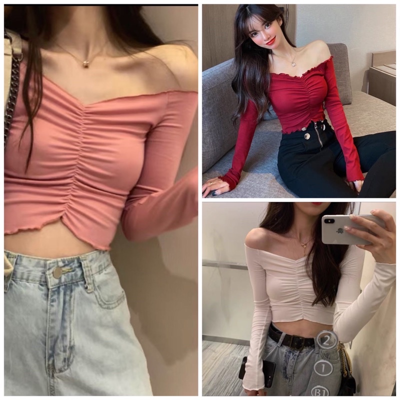 Áo kiểu trễ vai croptop tay dài phốt chít cho nữ
