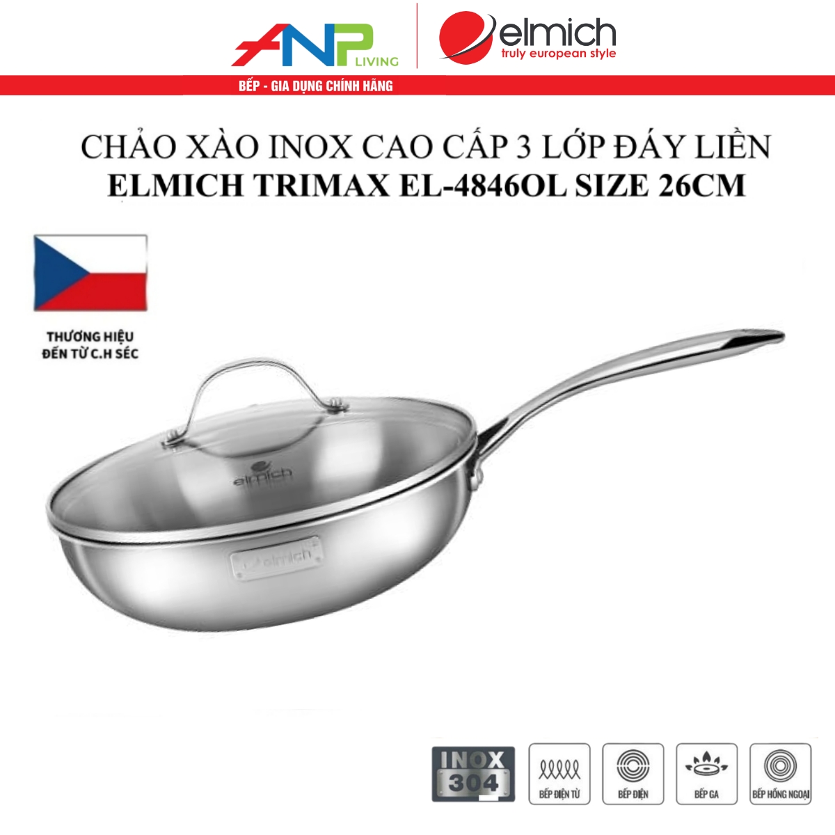 Chảo Xào Inox 3 Lớp Liền Đáy Elmich Trimax EL-3796 (Size 26cm - Có Vung Kính)