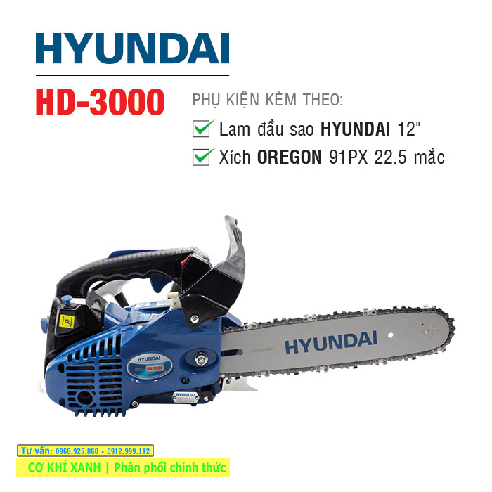 Máy cưa xích chạy xăng mini hyundai hd-3000, lam 30cm