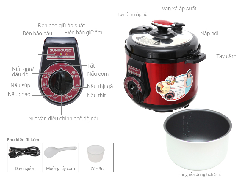 [HCM]Nồi áp suất điện SUNHOUSE SH1552 5Lít (Màu đỏ)