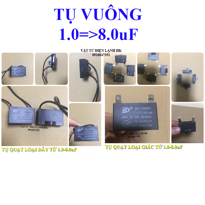 Capa Tụ quạt vuông điện dung 1.0 1.2 1.5 2.0 2.5 3.0 3.5 4.0 5.0 6.0 7.0 8.0 uF Caba cho quạt - máy bơm - quạt điều hòa