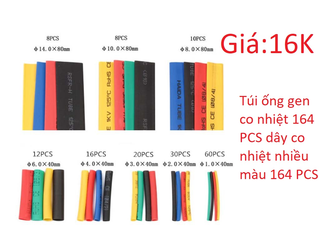 Túi ống gen co nhiệt 164 pcs dây co nhiệt nhiều màu 164 pcs