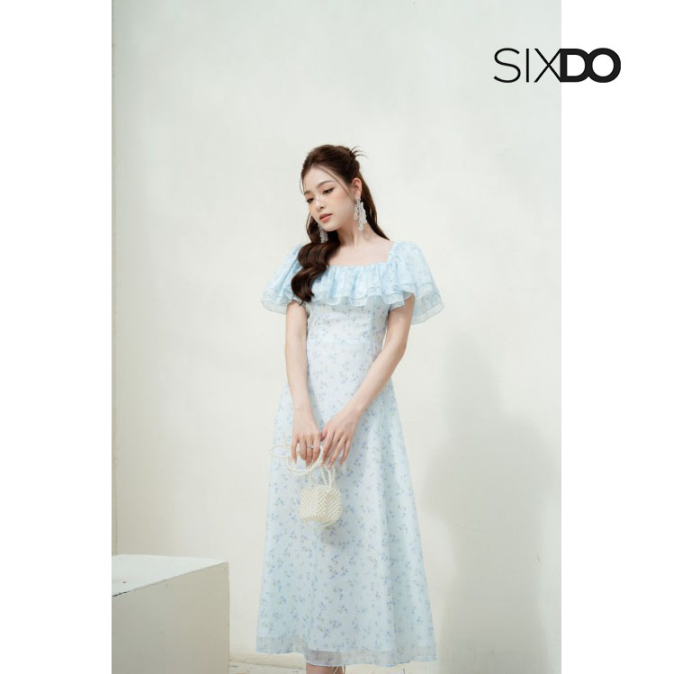 Đầm hoa midi A vai chun nữ tính SIXDO-Z (Z-Light Blue Floral Midi Dress)