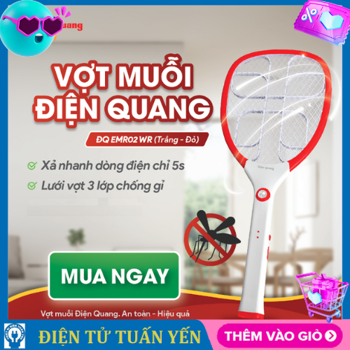 Vợt muỗi Điện Quang ĐQ EMR02 WR tích hợp đèn chiếu thu hút muỗi (màu trắng đỏ) - Hàng chính hãng